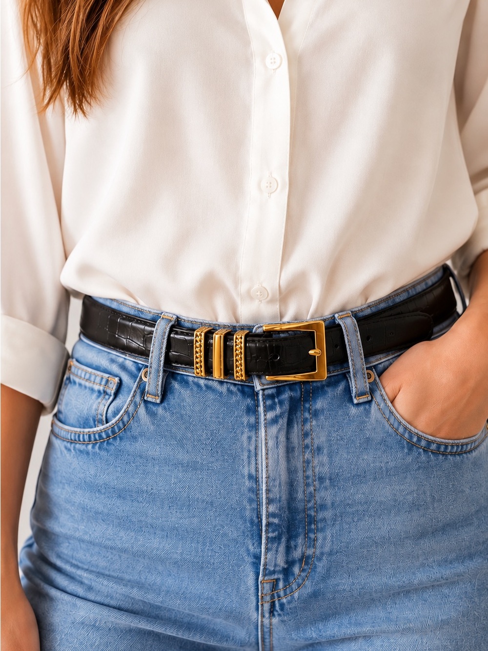 Brighton Classics Black Croc Embossed Leather Belt Gold Buckle S 28